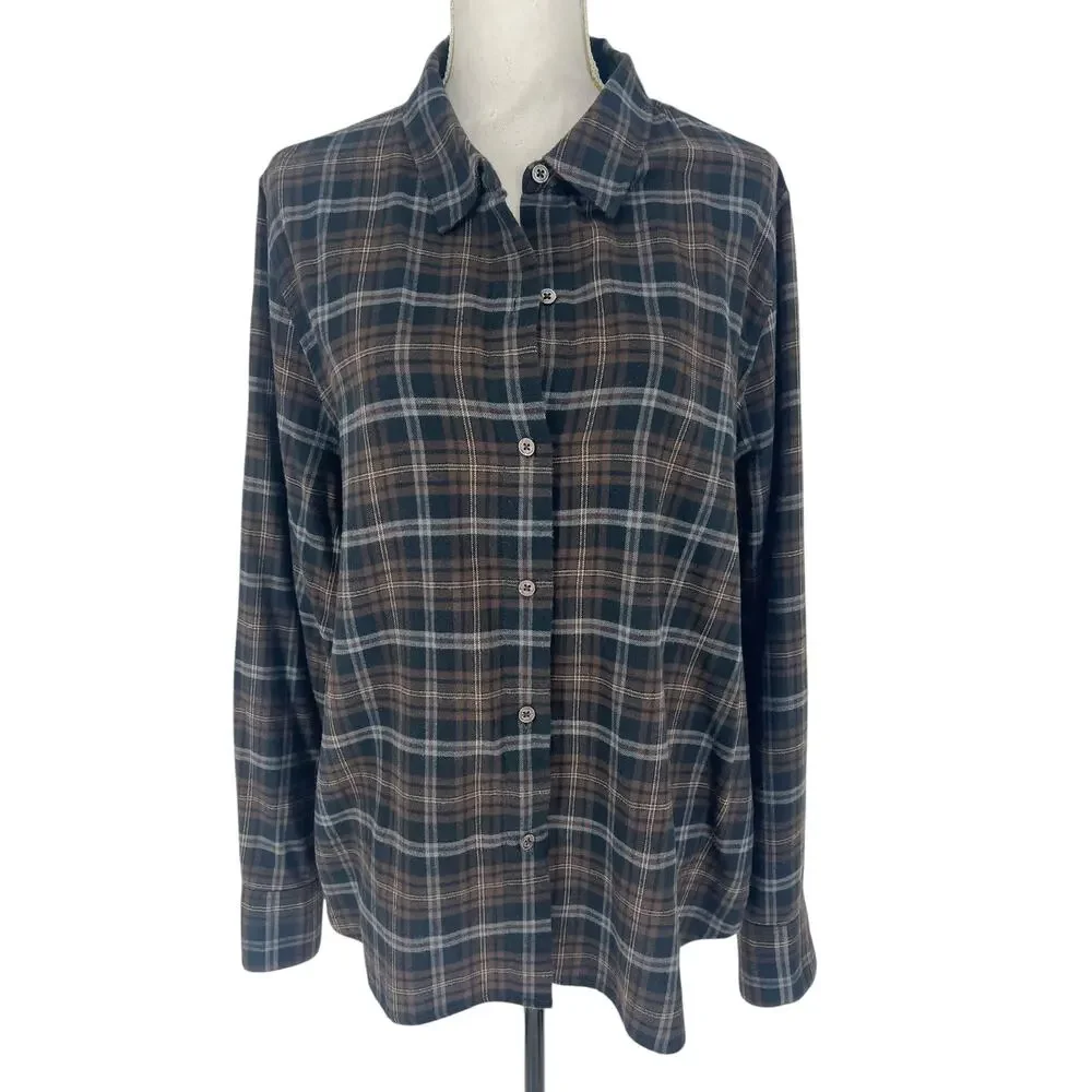 Jenni Kayne Classic Plaid Flannel Shirt Brown and Black Cotton - Picture 4 of 10